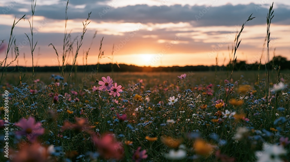 Naklejka premium The Field of Wildflowers at Sunset Over a Quiet Horizon and Blooming Meadow