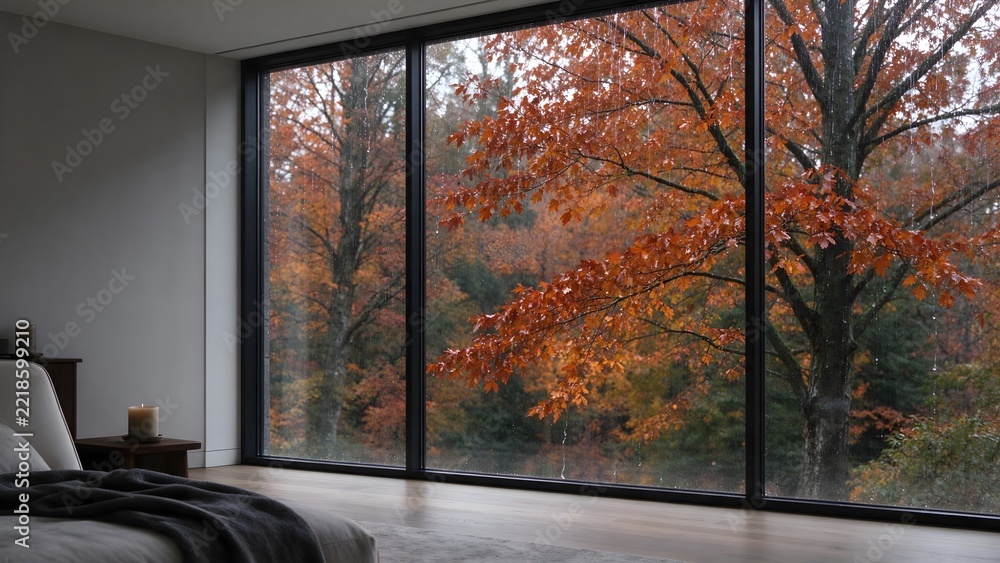 Fototapeta premium Cozy window view with rain drops and autumn forest landscape 6