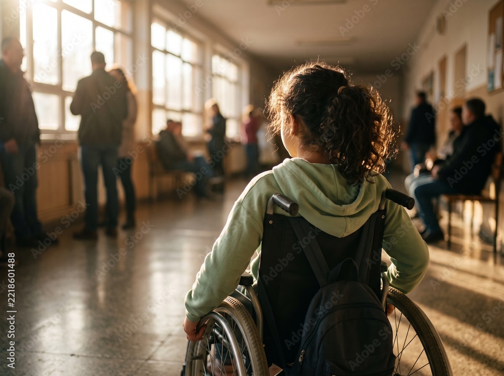 Obraz premium Disabled child in wheelchair at school hallway photo. Young girl student with backpack waiting in corridor with other people. Inclusive education and accessibility photography.