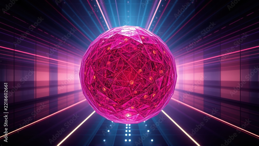Fototapeta premium Bright pink sphere radiates energy. Lines converge toward center, creating futuristic tunnel effect. Dark background enhances glowing visuals.
