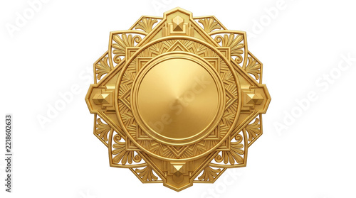 Ornate golden medal with geometric art deco pattern during studio lighting isolated on transparent background