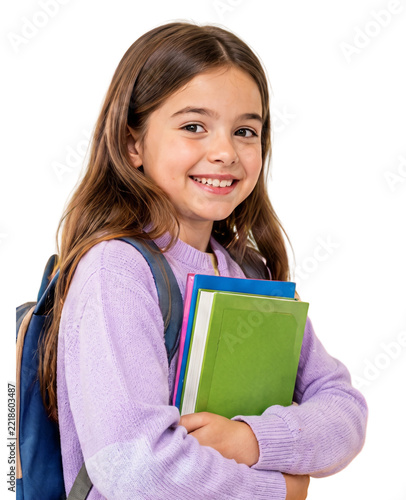 Smiling Young Schoolgirl Holding Books and Wearing Backpack, Happy Student Portrait for Education, School, College, Learning and Youth Concept Isolated in Studio