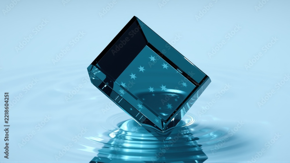 Fototapeta premium Blue cube floats upon water. Stars visible inside transparent material. Reflections create ripple effect. Minimalist composition.