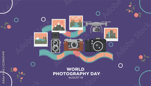 World Photography Day illustration featuring various camera types, a drone, film strips, and photos against a purple background.