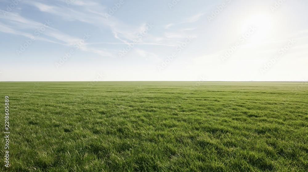 Naklejka premium Flat grass field stretching to the horizon under a wide blue sky with sunlight