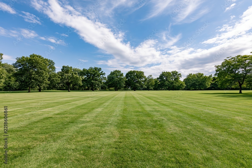 Naklejka premium The Open Field Beneath a Bright Sky Framed by Lush Green Trees