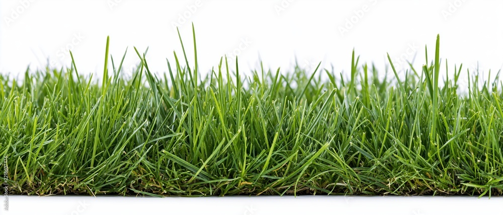 Naklejka premium Strip of fresh green grass blades at ground level against white background