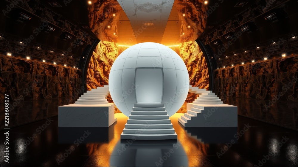 Fototapeta premium Dramatic scene. White sphere centered, illuminated by warm light. Steps lead toward it within cavernous space. Reflective floor enhances depth.