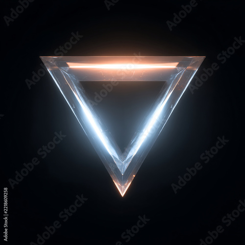 Glowing glass triangle symbol with neon light effect 3D rendered