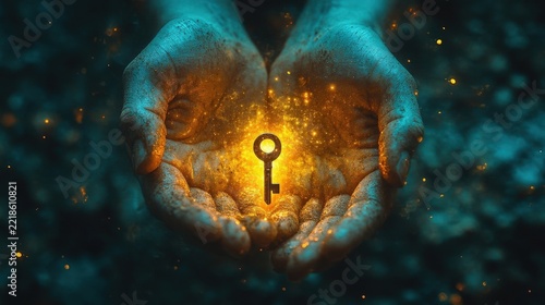 Glowing Golden Key Held In Cupped Human Hands Surrounded By Ethereal Blue Particles And Magic