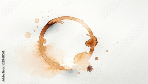 Brown coffee cup ring stain with scattered splashes and drops on white textured watercolor paper background