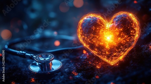 Glowing Digital Heart Symbol Beside Medical Stethoscope In Dark Blue Atmospheric Background