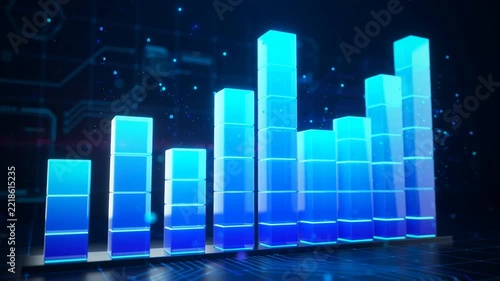 Glowing blue 3D bar chart rising upward on dark background