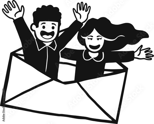 Happy Couple Emerging from Envelope Illustration world post day vector