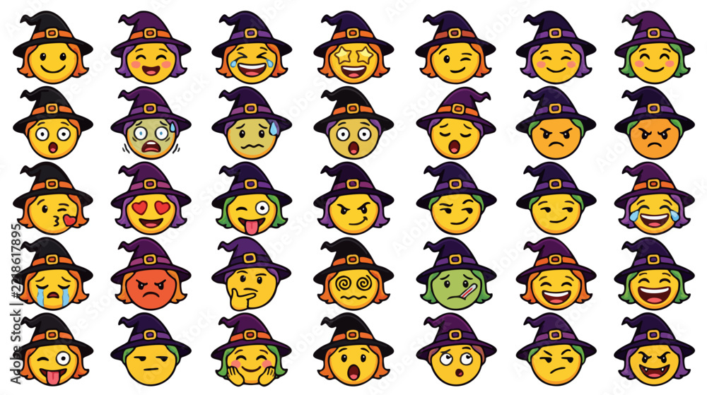 Obraz premium Halloween witch emoji icons set, cute yellow emoticon avatars with purple hats, funny facial expressions vector collection for chat stickers