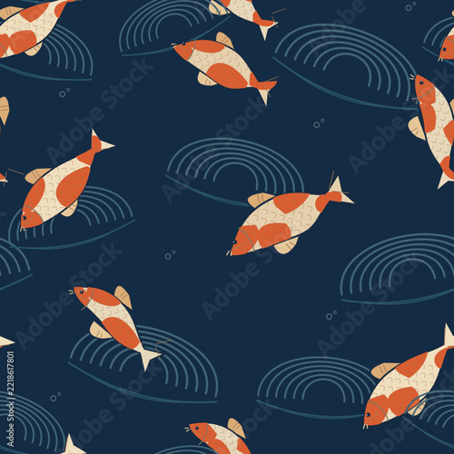 Koi Fish and Indigo Water Seamless Pattern
