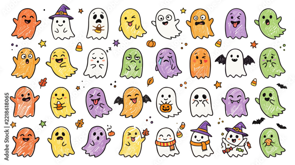 Obraz premium Cute hand drawn Halloween ghost vector set, colorful spooky ghost doodles, adorable ghost character emotions for seasonal party design