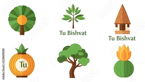 Tu bishvat with stylized trees, hut, and floral jewish holiday