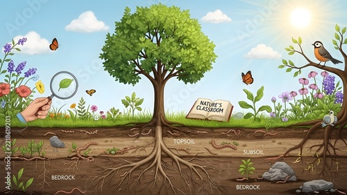 Cross-section diagram of soil layers with tree, roots, and nature