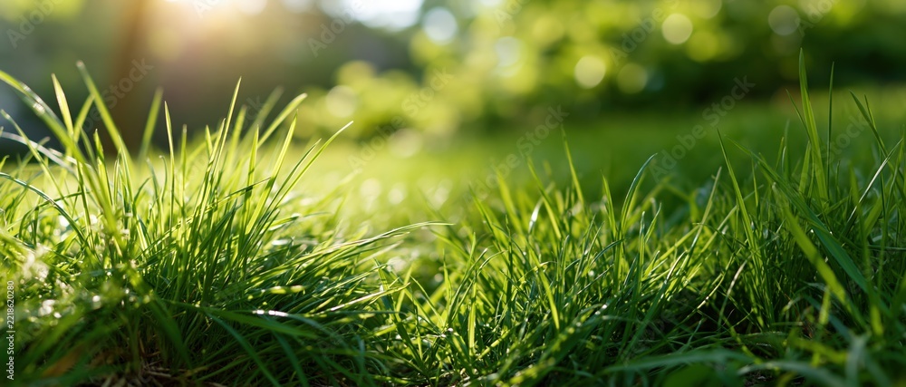 Naklejka premium Closeup of fresh green grass blades in sunlight on a lawn