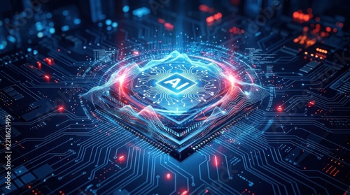 A glowing AI chip with blue and red light effects sits on a futuristic circuit board. This illustrates advanced artificial intelligence and machine learning technology.
