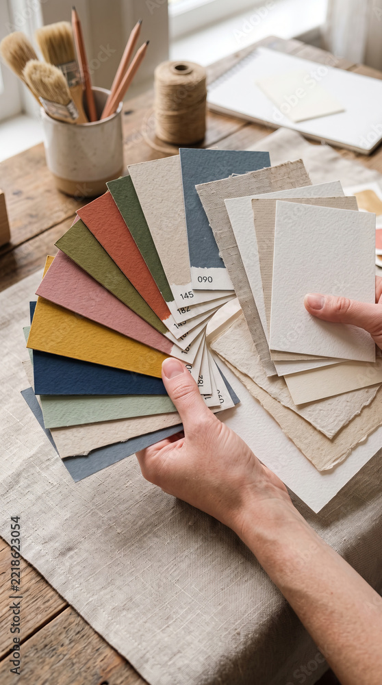 Fototapeta premium Interior designer hands holding colorful material palette swatches at workspace