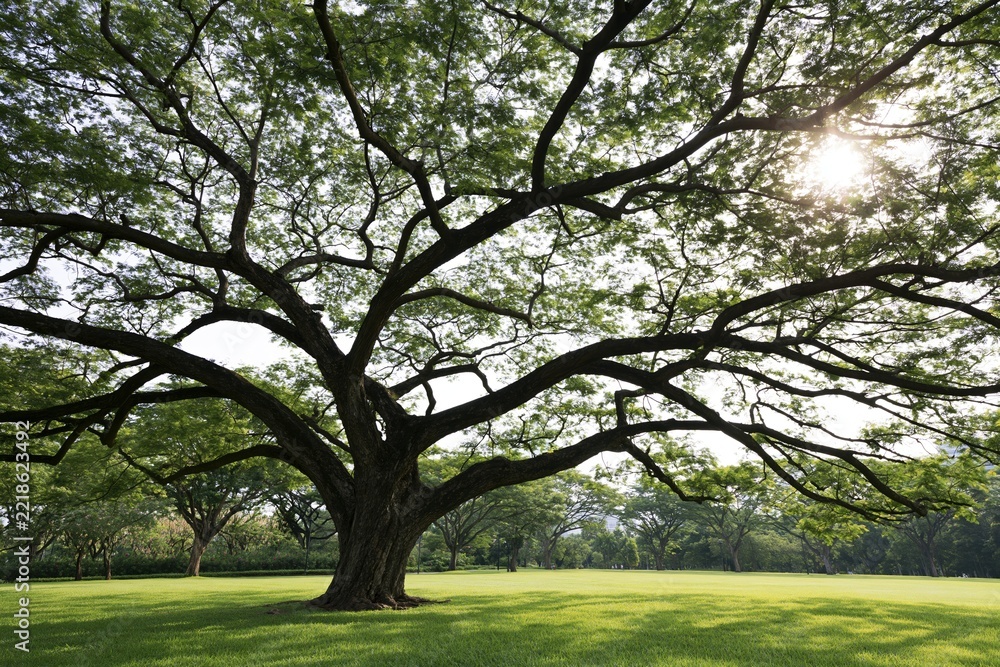 Naklejka premium The Magnificent Sprawling Tree Dominating a Green Park Under Sunlight