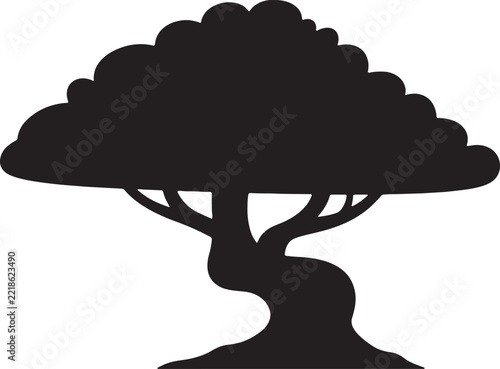 Bonsai tree silhouette with winding trunk and dense canopy for oriental garden concept.