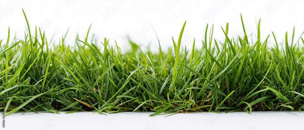 Naklejka premium A strip of dense green grass blades along the bottom edge against a white background