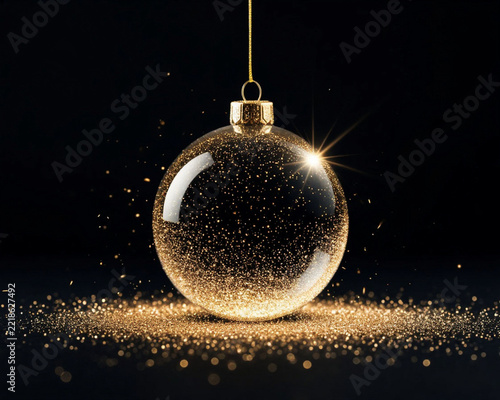 Golden glitter Christmas bauble hanging on a dark background with sparkles.