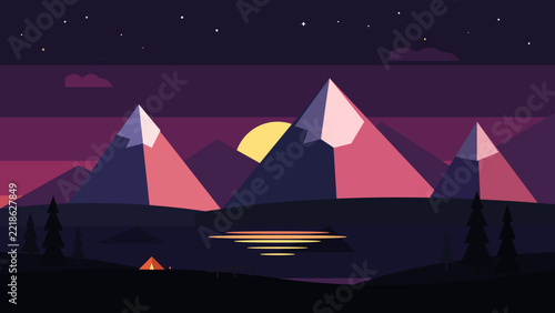 Minimalist flat design landscape of snowy mountains at night with stars, moon, lake, forest and a small camping tent