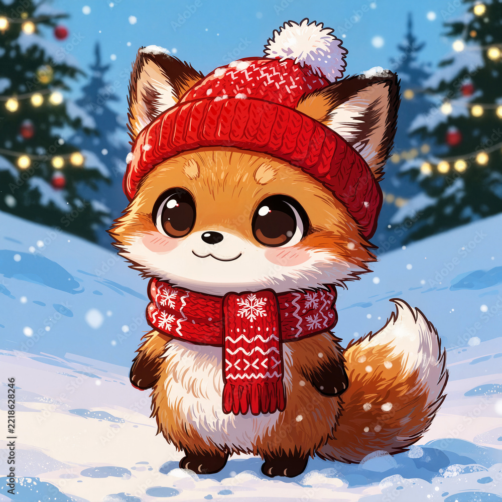 Fototapeta premium A cute chibi cartoon illustration of fox, winter animal in hat and scarf for Christmas