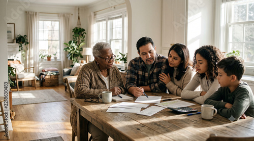 Diverse multi generational family discussing finances at kitchen table.