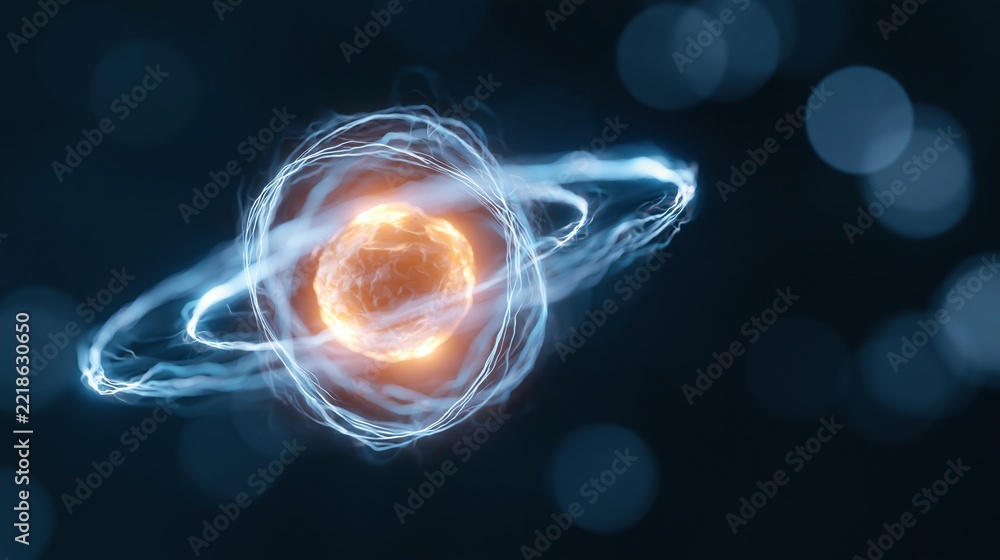 Fototapeta premium The Atom at Center Surrounded by Glowing Nucleus and Dynamic Orbits