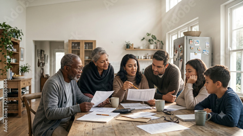 Diverse multi generational family discussing finances at kitchen table.