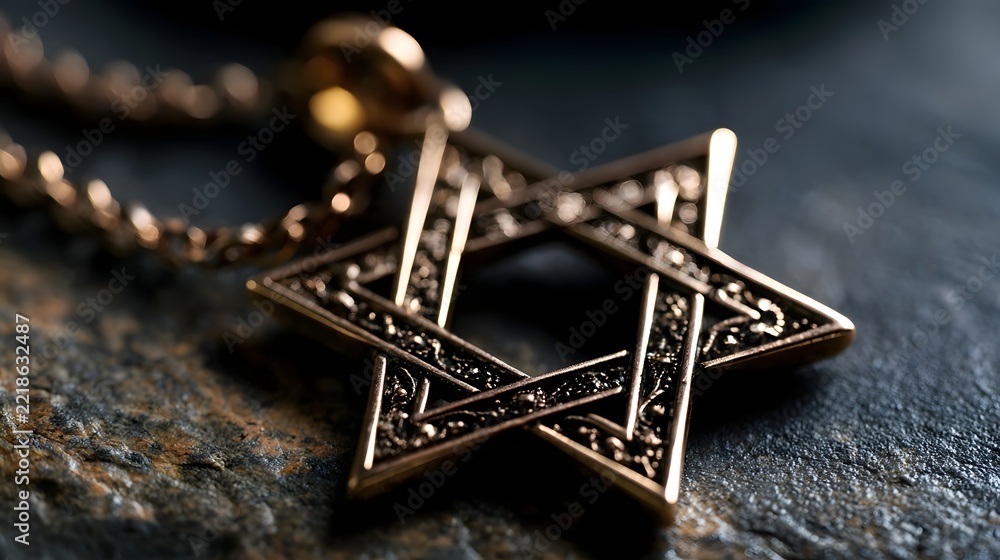 Fototapeta premium A detailed Star of David pendant with ornate engravings rests on a textured stone surface illuminated by soft directional lighting