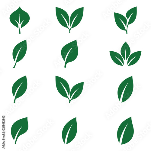 Green leaf vector icons set on white background representing nature and environment.