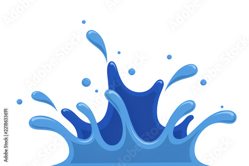 Flat of a dynamic blue water splash with droplets and ripples, featuring layered shades of cyan and navy for a stylized liquid effect