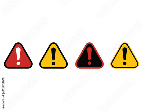Set of four hazard warning signs with different color combinations for industrial safety alerts and danger notifications.