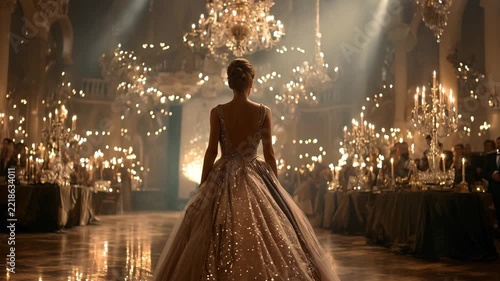 A woman in a gown stands in a grand ballroom filled with chandeliers and guests enjoying the celebration