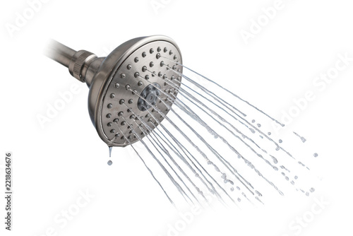 Brushed nickel shower head spraying multiple streams of water, close-up view of bathroom fixture with flowing liquid droplets and metal texture