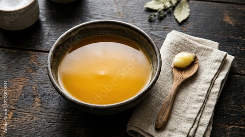 Bowl of golden melted ghee or clarified butter with a wooden spoon on a rustic wooden table