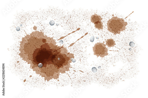 Down view of brown coffee stains and splatters with scattered water droplets on a textured surface