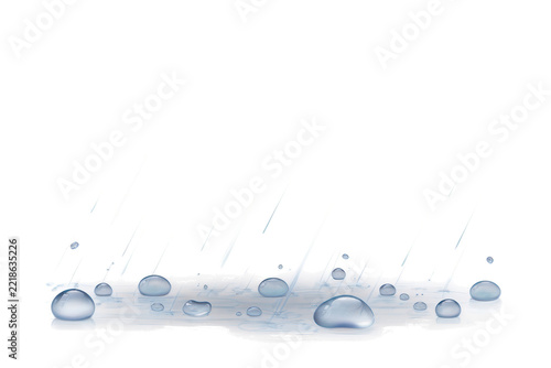 Heavy rain falling onto a puddle with splashing water droplets and ripples, creating a dynamic wet surface effect with reflective light streaks