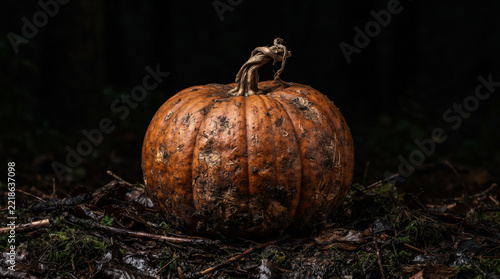 Weathered Pumpkin in a Dark Forest Setting