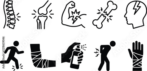 Anatomy injury icons depicting pain fractures and medical conditions