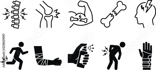 Injury icons depicting pain fractures and medical assistance on a white background