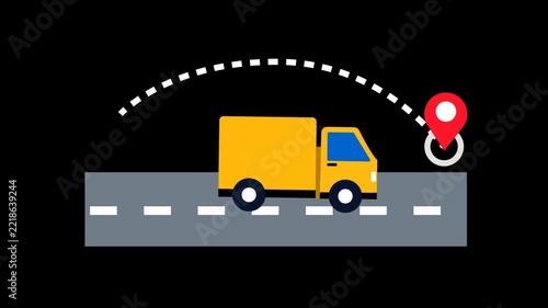 2D Animated Delivery Truck Driving to Location Pin, Logistics and Transportation Concept