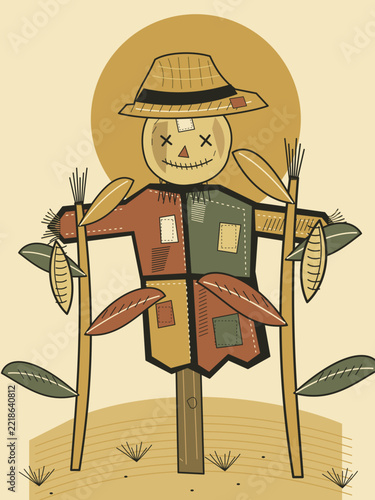 Patched Scarecrow and Corn Field Woodcut Illustration
