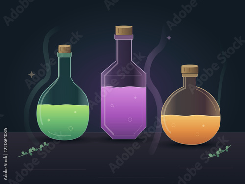 Three fantasy potion bottles on a dark mystical tabletop